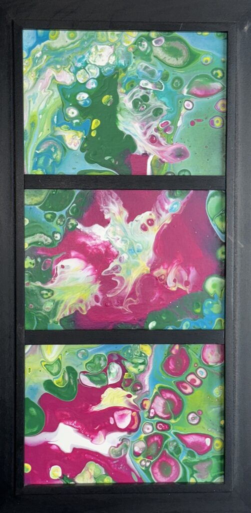 A triptych of paintings with green, pink and blue colors.