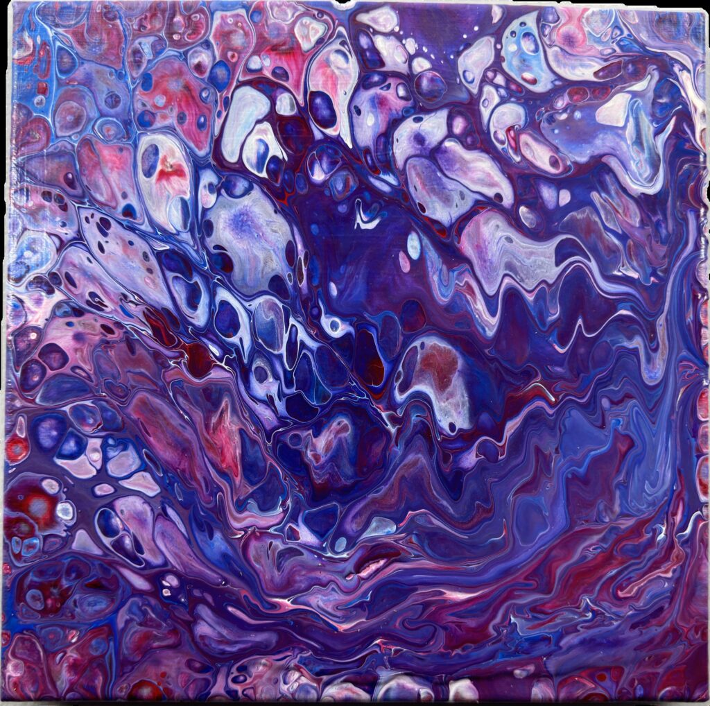 A painting of purple and pink swirls in the air.