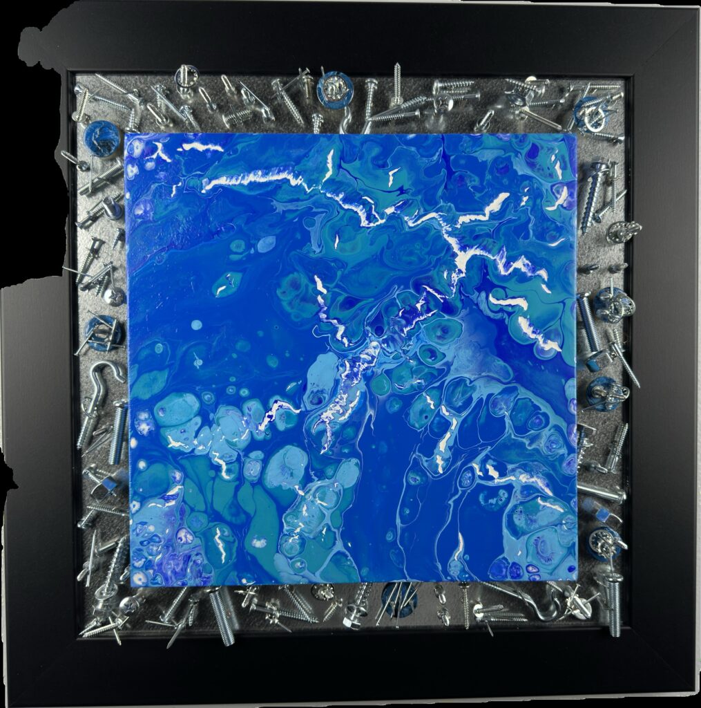 A blue painting with silver frame on black background.